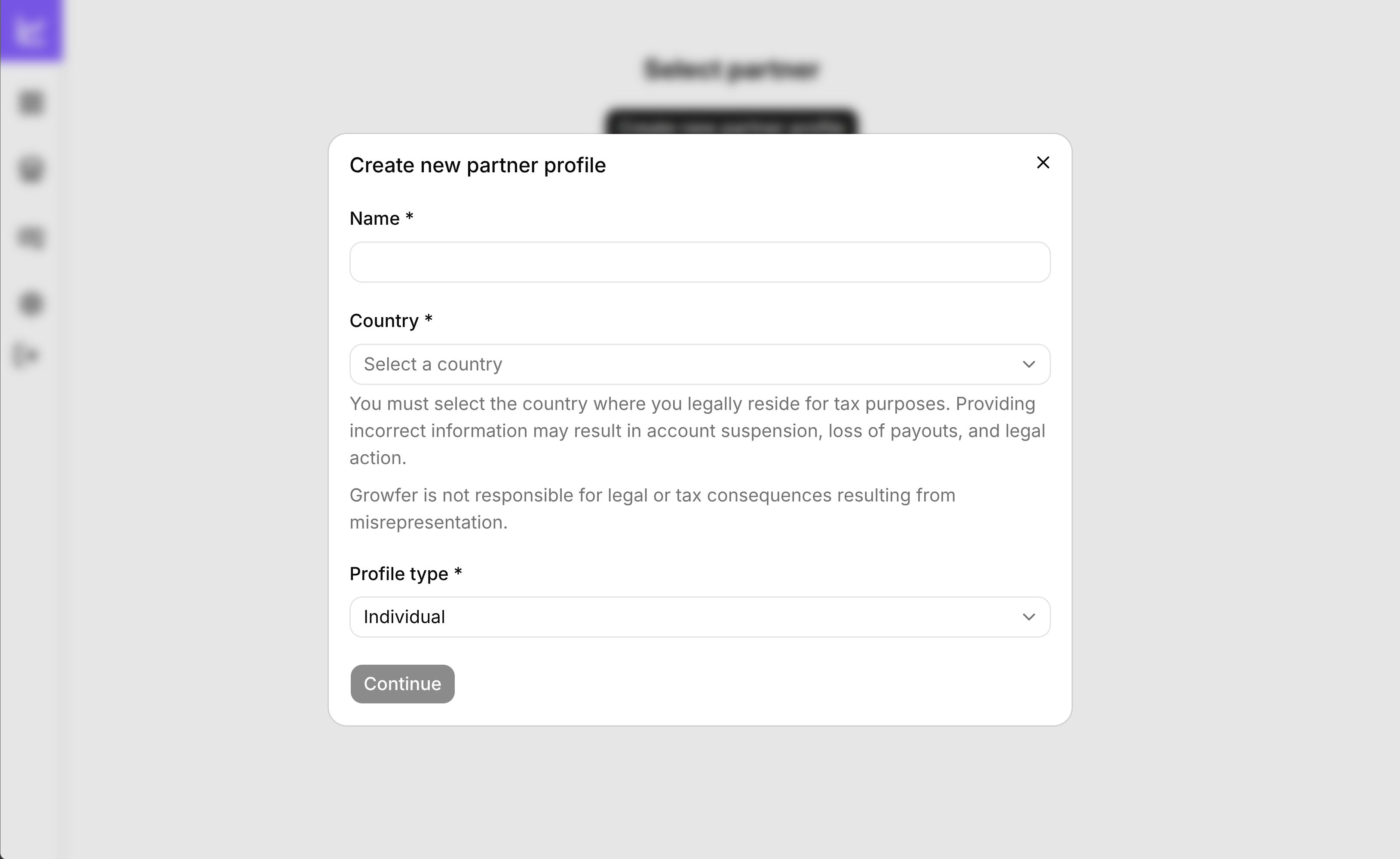 Create Partner account dialog